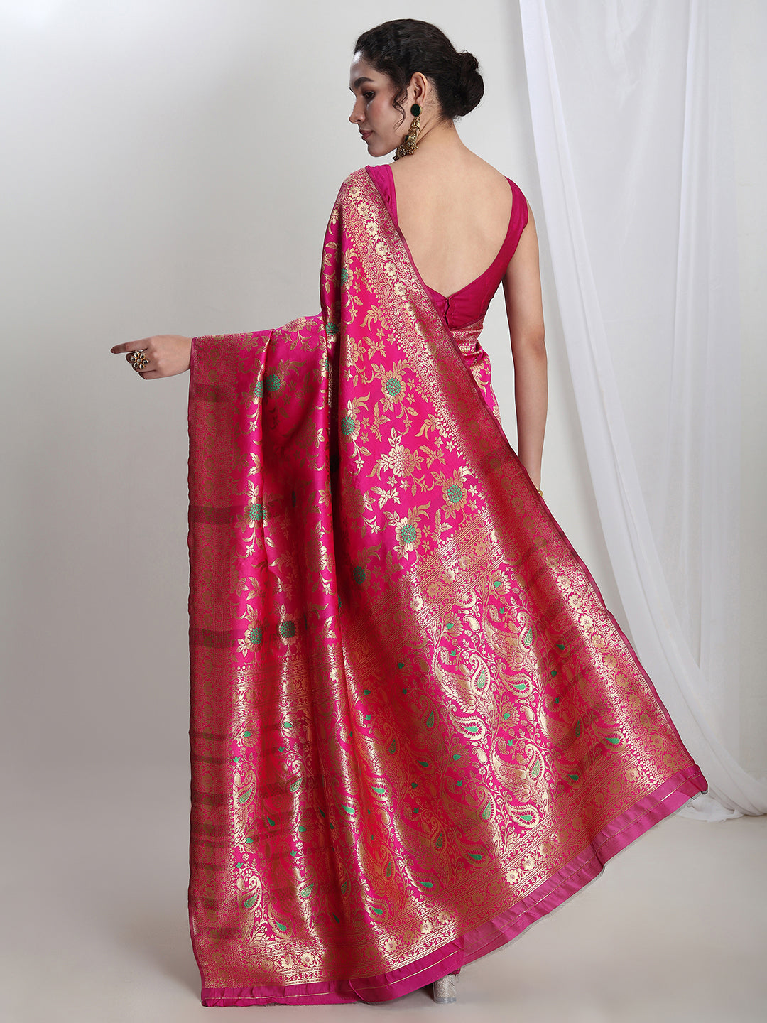 Janasya Pink Silk Blend Floral Jacquard Saree | Grocsy
