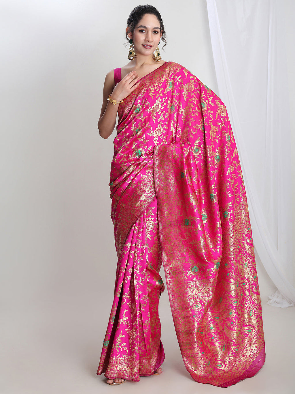 Janasya Pink Silk Blend Floral Jacquard Saree | Grocsy