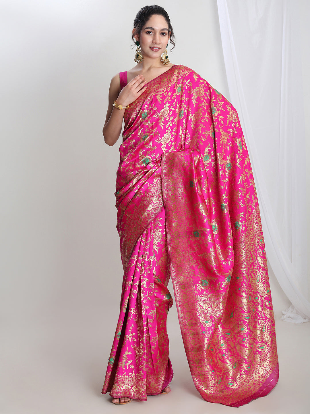 Janasya Pink Silk Blend Floral Jacquard Saree | Grocsy