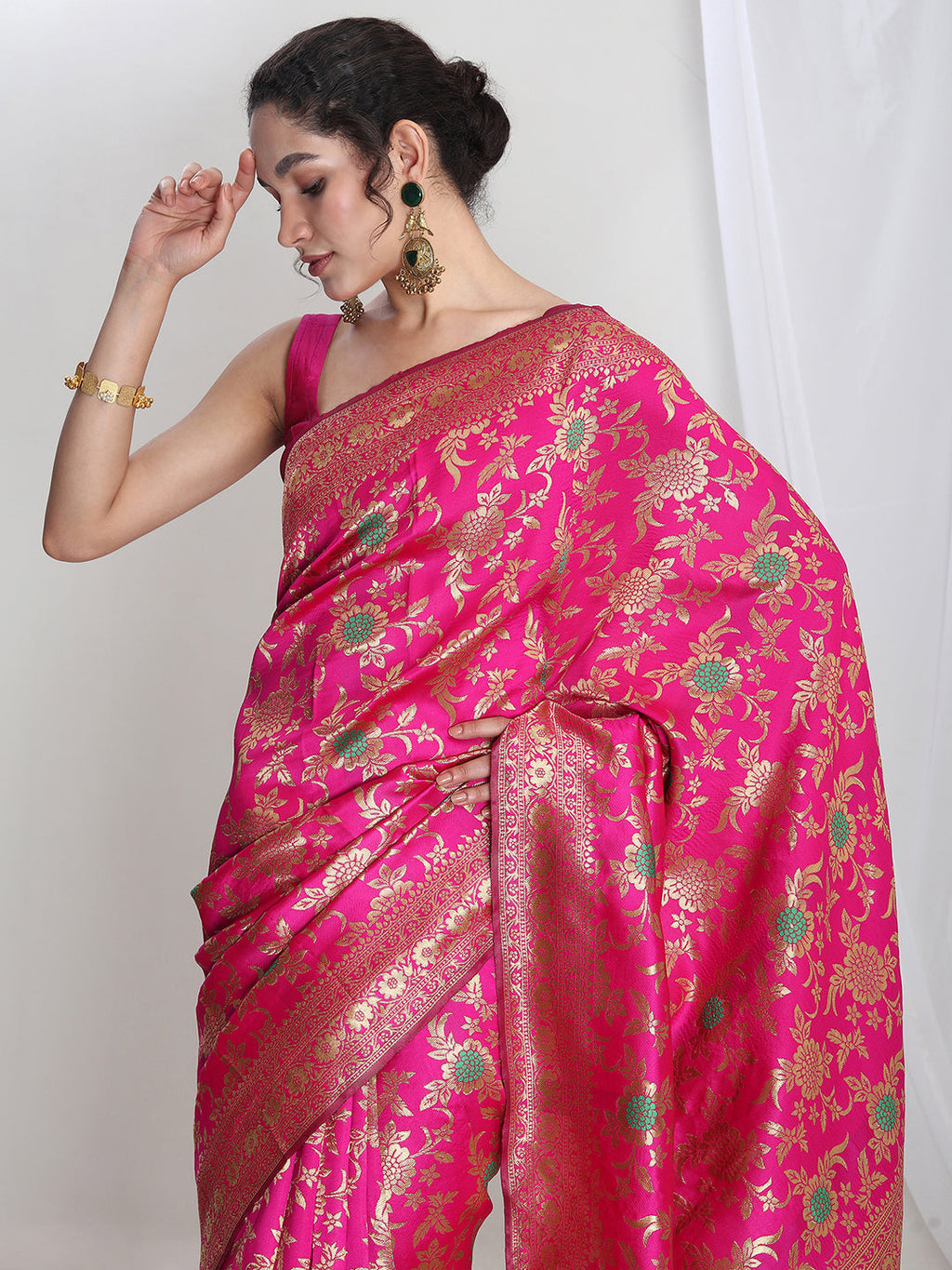 Janasya Pink Silk Blend Floral Jacquard Saree | Grocsy