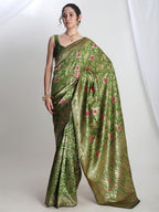Janasya Green Silk Blend Floral Jacquard Saree | Grocsy
