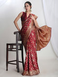 Janasya Maroon Silk Blend Floral Jacquard Saree | Grocsy