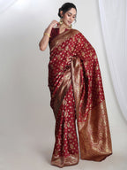 Janasya Maroon Silk Blend Floral Jacquard Saree | Grocsy