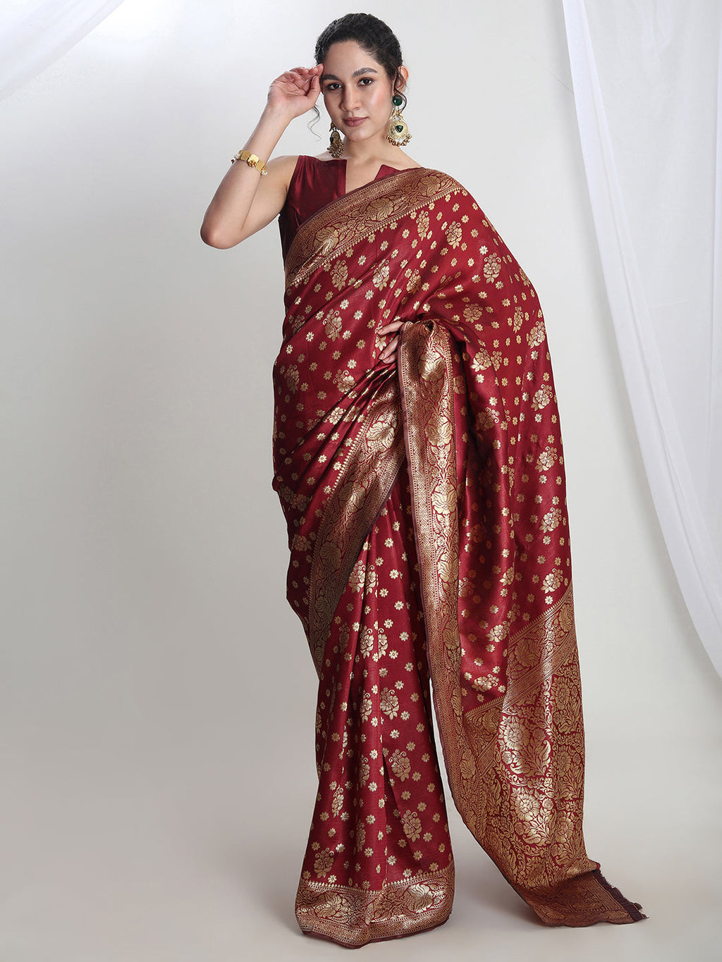 Janasya Maroon Silk Blend Floral Jacquard Saree | Grocsy