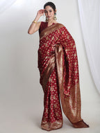 Janasya Maroon Silk Blend Floral Jacquard Saree | Grocsy