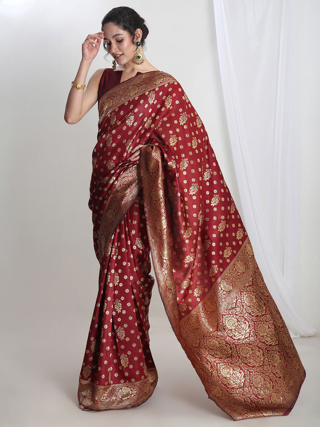Janasya Maroon Silk Blend Floral Jacquard Saree | Grocsy