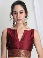 Janasya Maroon Silk Blend Floral Jacquard Saree | Grocsy