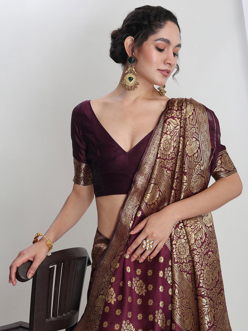 Janasya Purple Silk Blend Floral Jacquard Saree | Grocsy