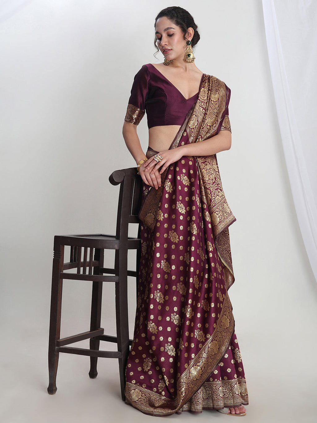 Janasya Purple Silk Blend Floral Jacquard Saree | Grocsy