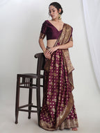 Janasya Purple Silk Blend Floral Jacquard Saree | Grocsy