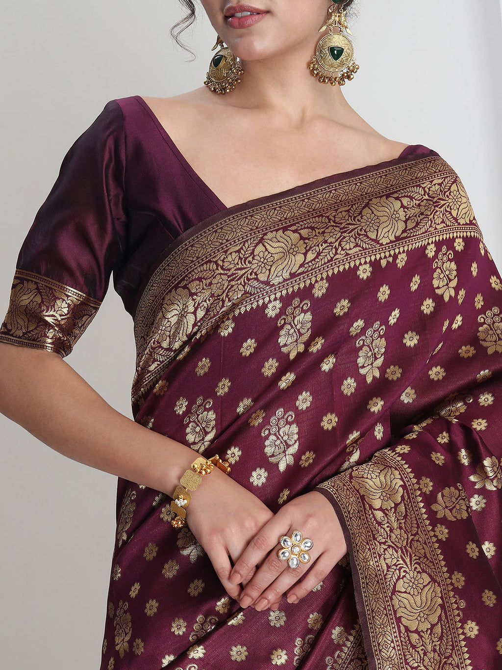 Janasya Purple Silk Blend Floral Jacquard Saree | Grocsy