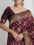 Janasya Purple Silk Blend Floral Jacquard Saree | Grocsy