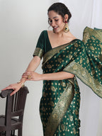Janasya Green Silk Blend Floral Jacquard Saree | Grocsy