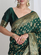 Janasya Green Silk Blend Floral Jacquard Saree | Grocsy