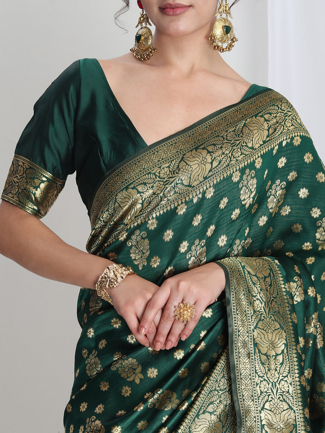 Janasya Green Silk Blend Floral Jacquard Saree | Grocsy