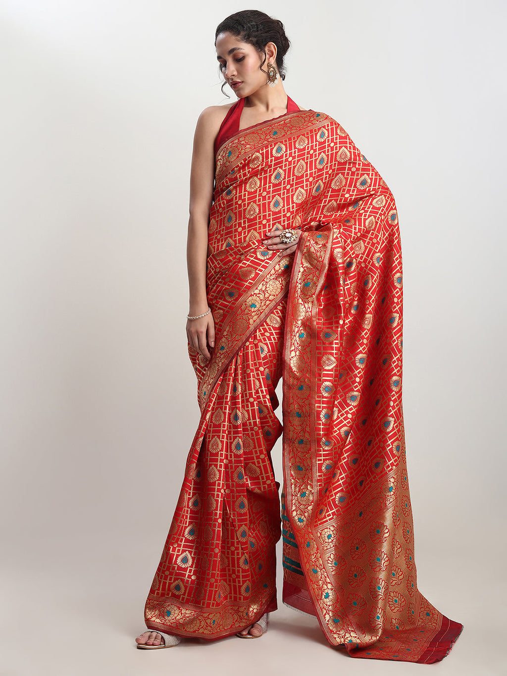 Janasya Red Silk Blend Ethnic Motifs Jacquard Saree | Grocsy