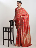 Janasya Red Silk Blend Ethnic Motifs Jacquard Saree | Grocsy