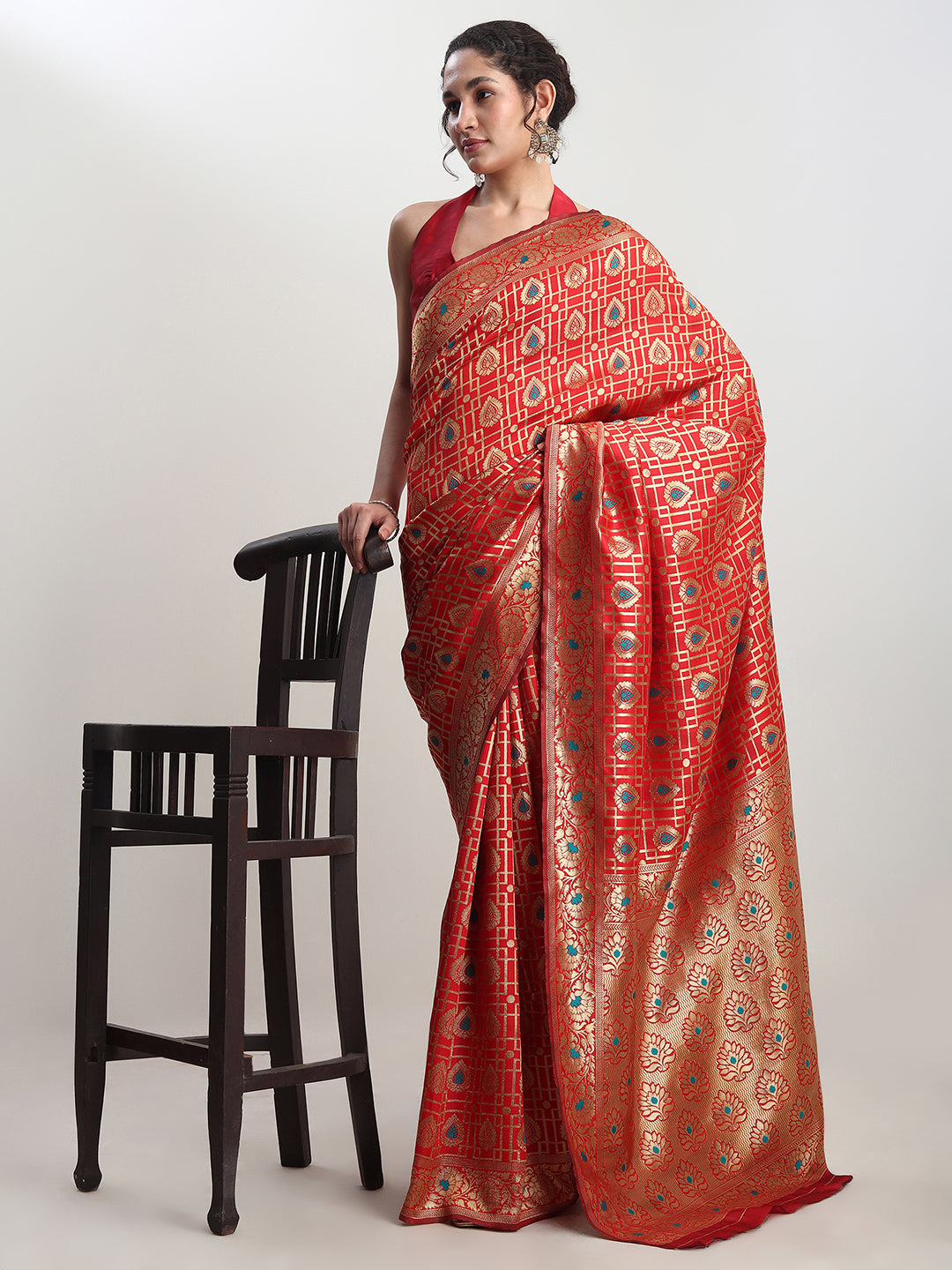 Janasya Red Silk Blend Ethnic Motifs Jacquard Saree | Grocsy