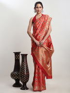 Janasya Red Silk Blend Ethnic Motifs Jacquard Saree | Grocsy