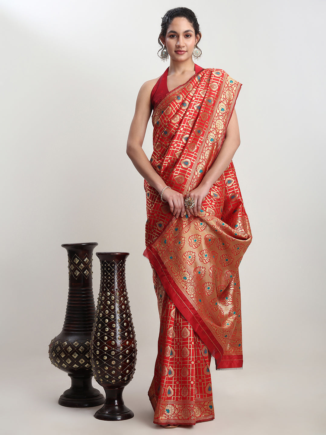 Janasya Red Silk Blend Ethnic Motifs Jacquard Saree | Grocsy