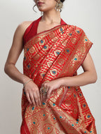 Janasya Red Silk Blend Ethnic Motifs Jacquard Saree | Grocsy