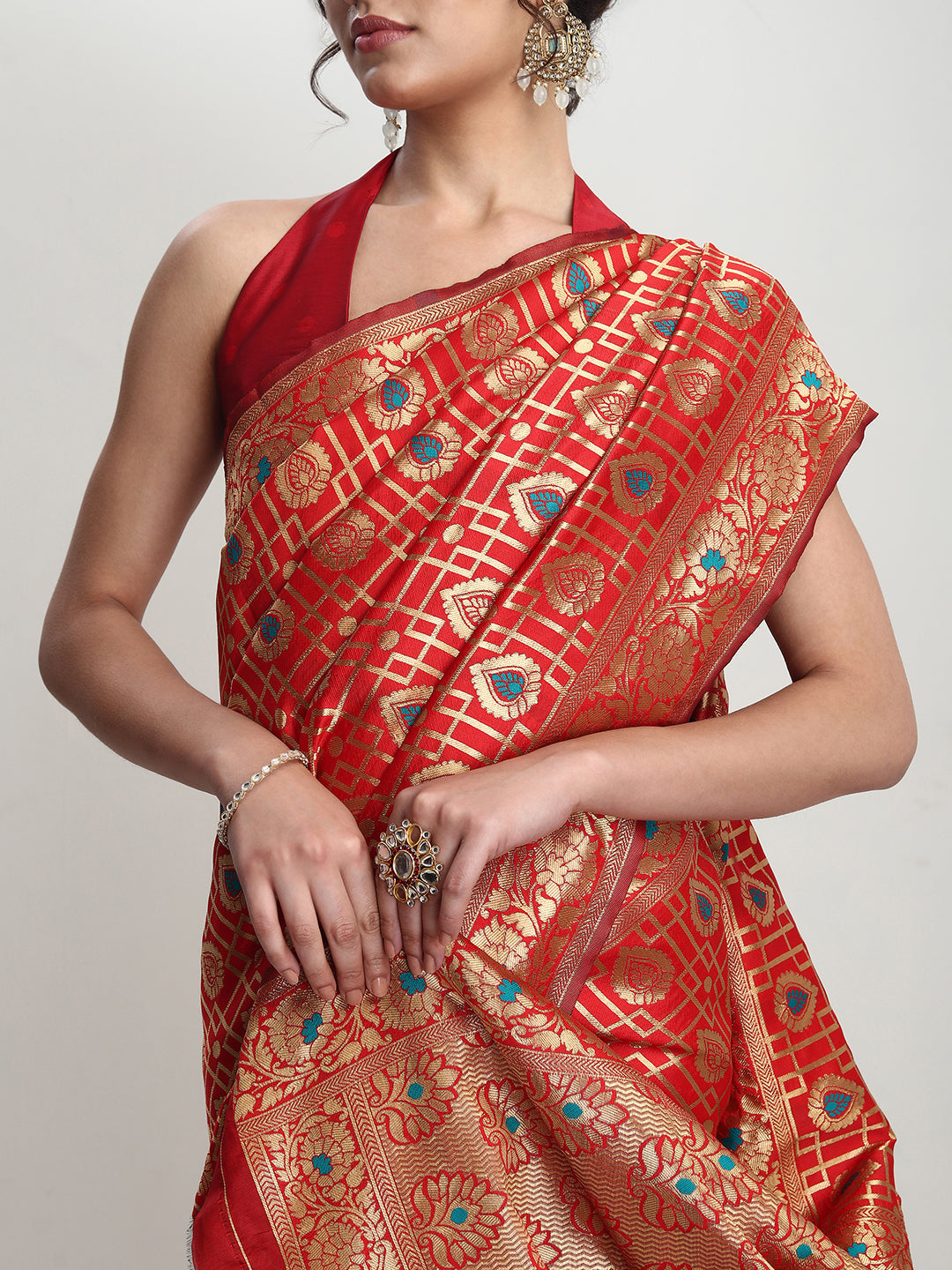Janasya Red Silk Blend Ethnic Motifs Jacquard Saree | Grocsy