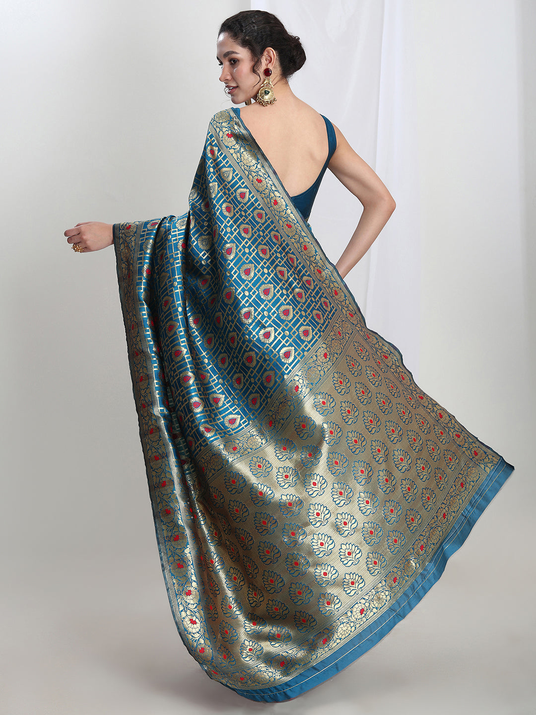 Janasya Teal Blue Silk Blend Ethnic Motifs Jacquard Saree | Grocsy