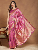 Janasya Pink Silk Blend Ethnic Motifs Jacquard Saree | Grocsy