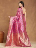 Janasya Pink Silk Blend Ethnic Motifs Jacquard Saree | Grocsy