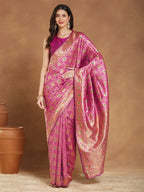 Janasya Pink Silk Blend Ethnic Motifs Jacquard Saree | Grocsy