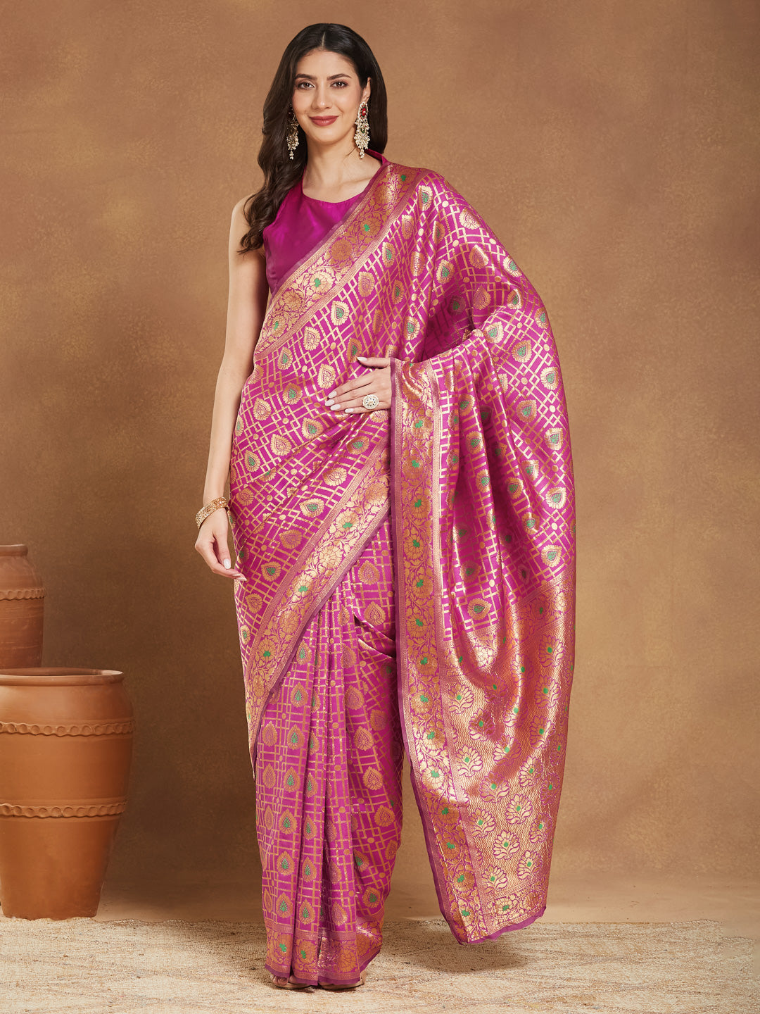 Janasya Pink Silk Blend Ethnic Motifs Jacquard Saree | Grocsy