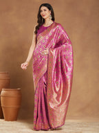 Janasya Pink Silk Blend Ethnic Motifs Jacquard Saree | Grocsy