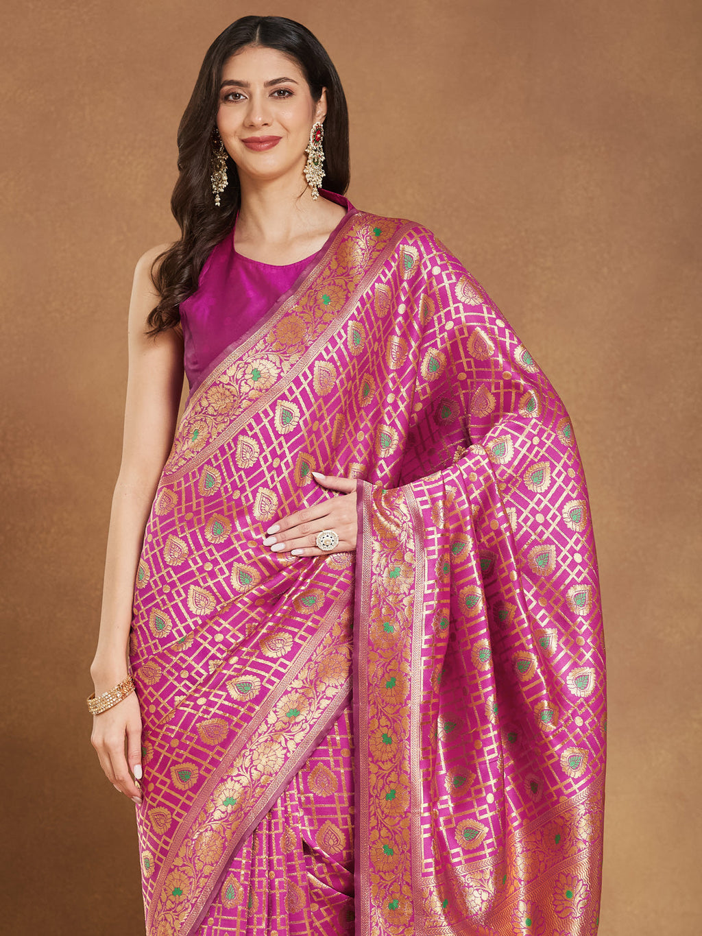 Janasya Pink Silk Blend Ethnic Motifs Jacquard Saree | Grocsy