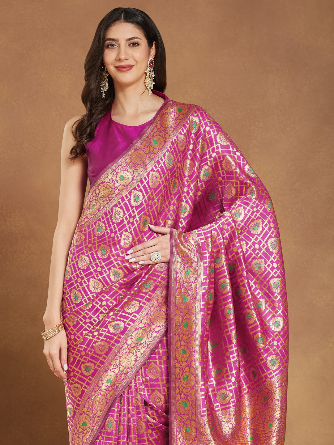 Janasya Pink Silk Blend Ethnic Motifs Jacquard Saree | Grocsy