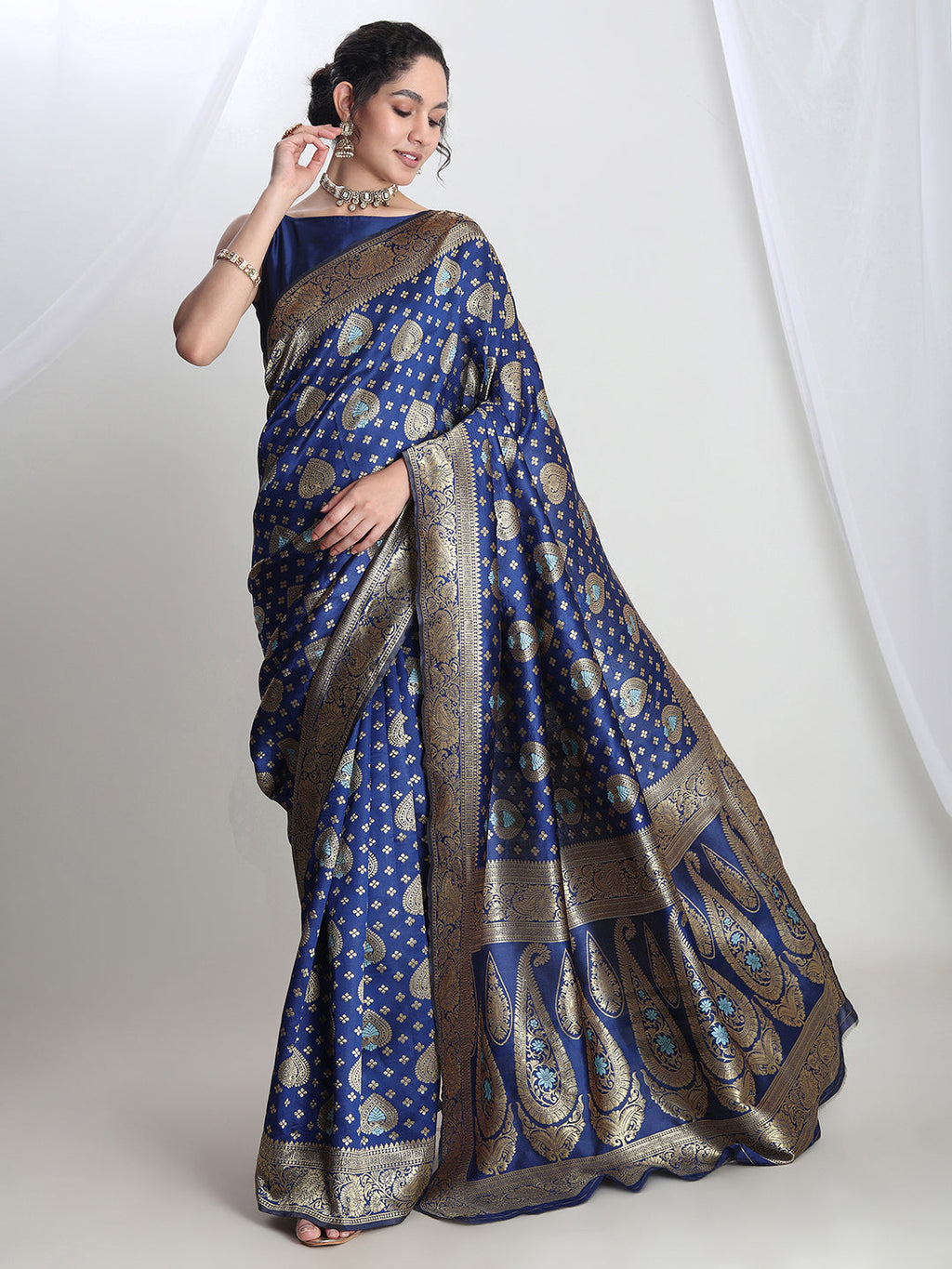 Janasya Blue Silk Blend Ethnic Motifs Jacquard Saree | Grocsy