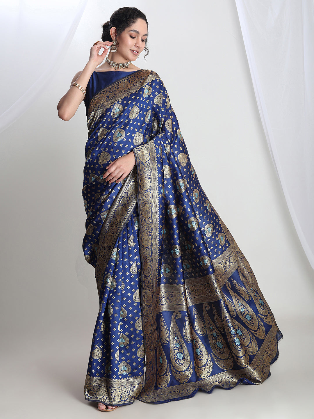 Janasya Blue Silk Blend Ethnic Motifs Jacquard Saree | Grocsy