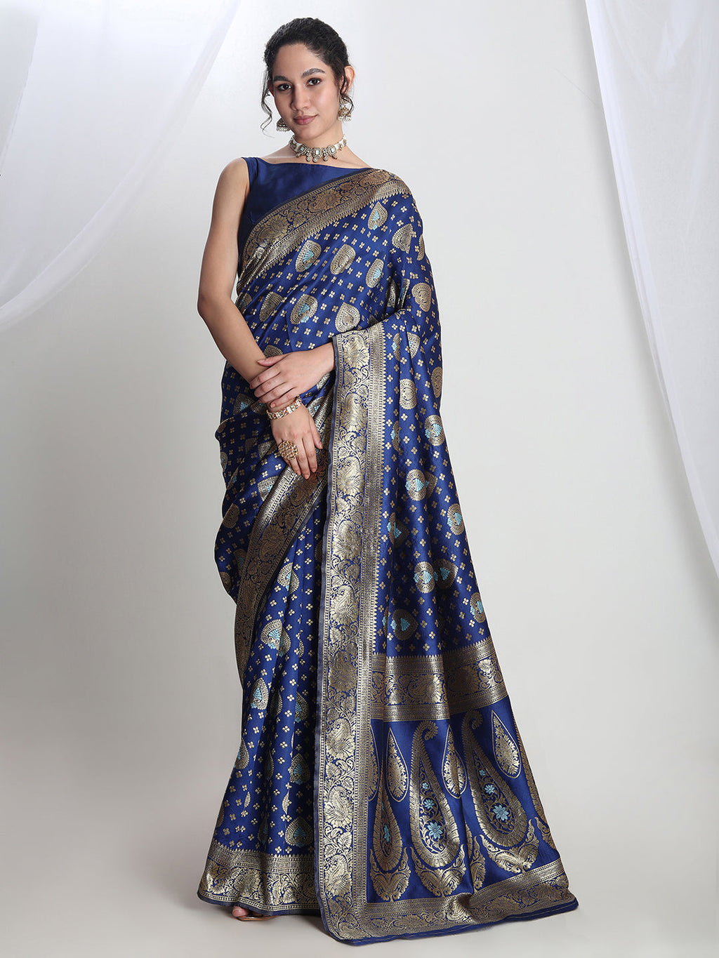 Janasya Blue Silk Blend Ethnic Motifs Jacquard Saree | Grocsy