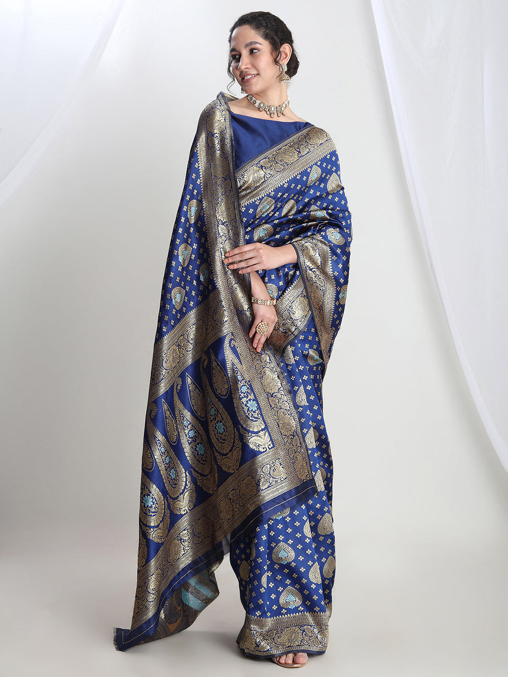 Janasya Blue Silk Blend Ethnic Motifs Jacquard Saree | Grocsy