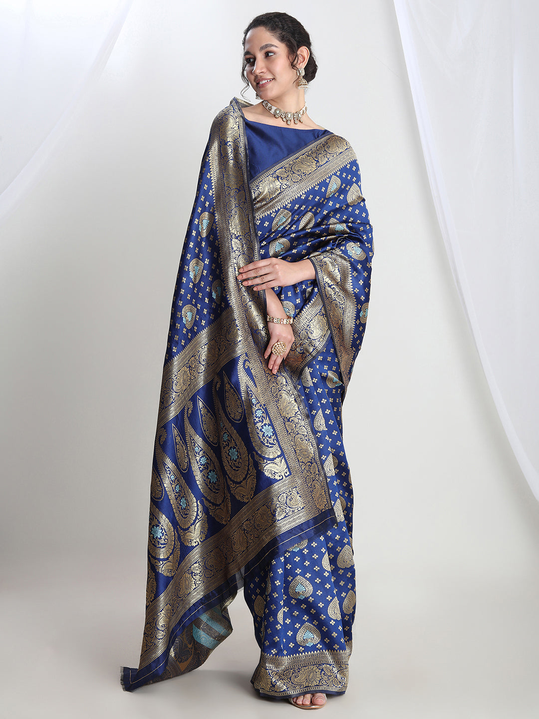Janasya Blue Silk Blend Ethnic Motifs Jacquard Saree | Grocsy