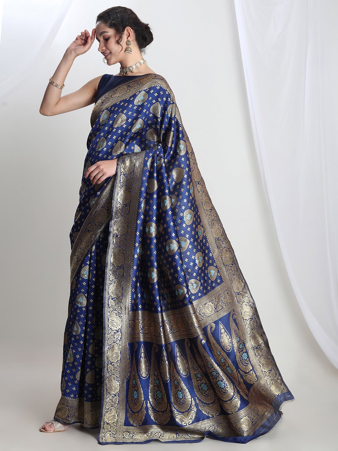 Janasya Blue Silk Blend Ethnic Motifs Jacquard Saree | Grocsy
