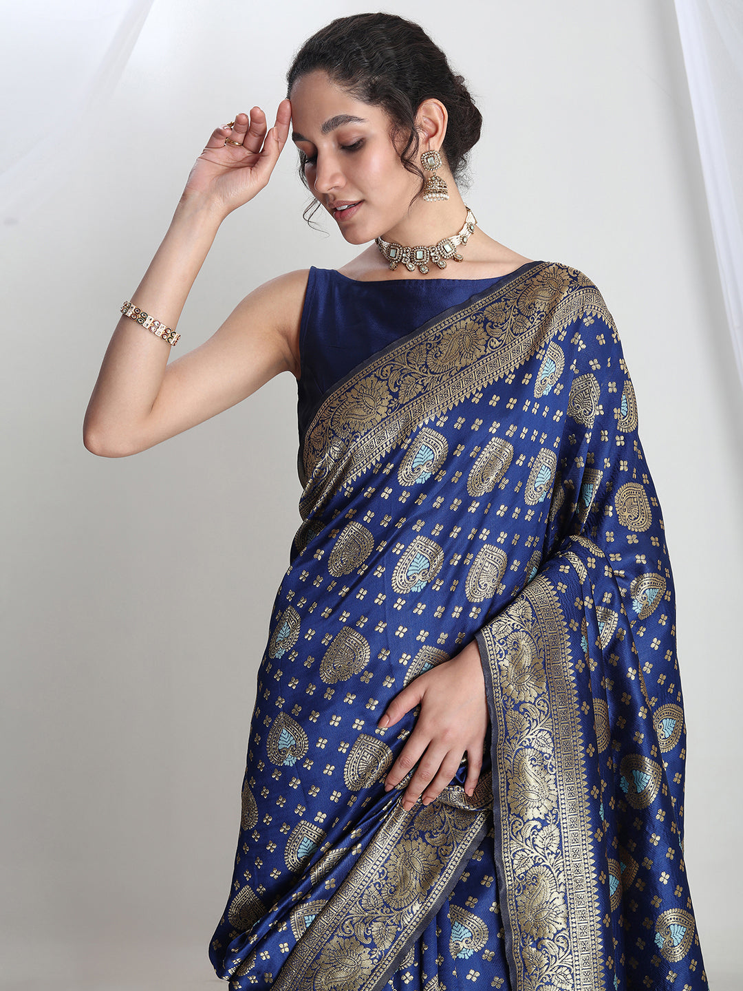 Janasya Blue Silk Blend Ethnic Motifs Jacquard Saree | Grocsy