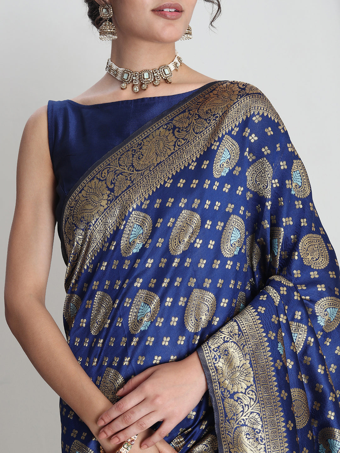 Janasya Blue Silk Blend Ethnic Motifs Jacquard Saree | Grocsy