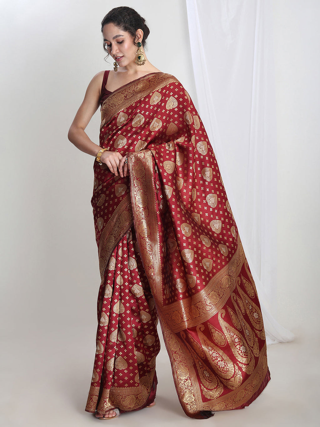 Janasya Maroon Silk Blend Ethnic Motifs Jacquard Saree | Grocsy