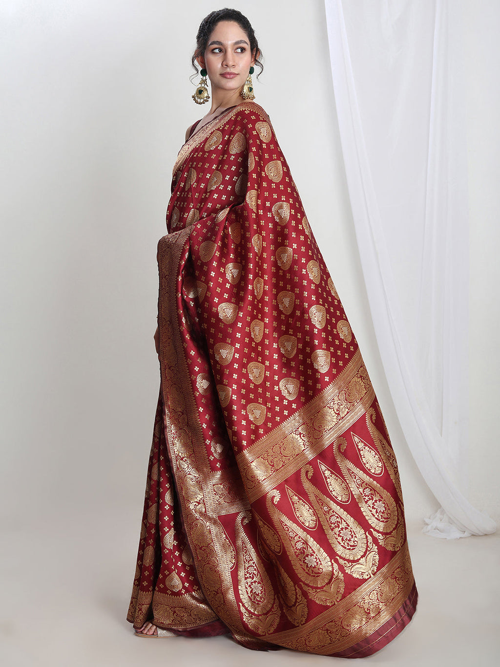 Janasya Maroon Silk Blend Ethnic Motifs Jacquard Saree | Grocsy