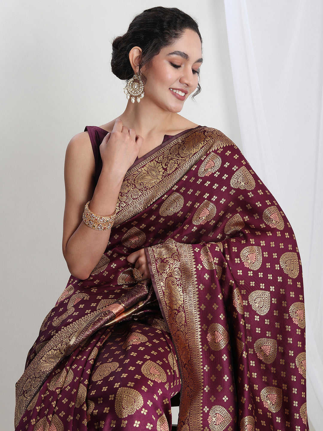 Janasya Purple Silk Blend Ethnic Motifs Jacquard Saree | Grocsy
