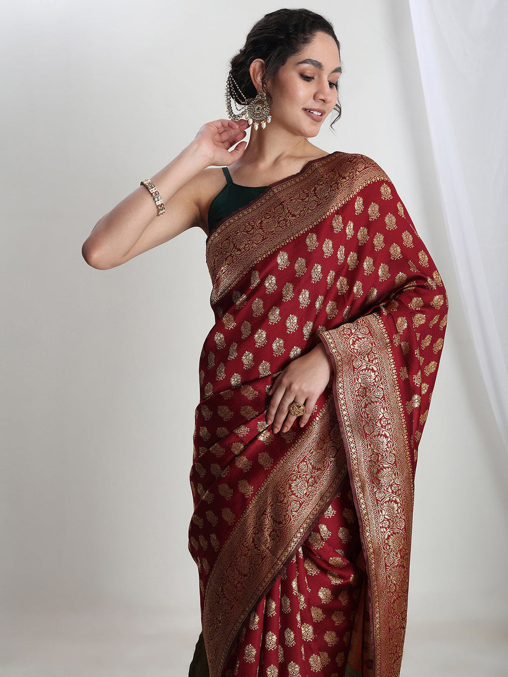 Janasya Maroon Silk Blend Ethnic Motifs Jacquard Saree | Grocsy