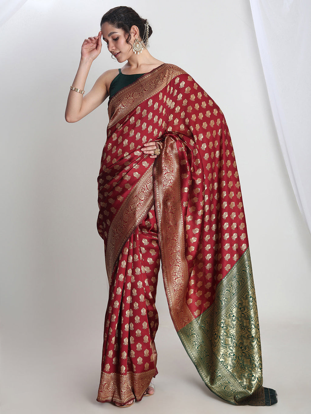 Janasya Maroon Silk Blend Ethnic Motifs Jacquard Saree | Grocsy