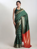 Janasya Dark Green Silk Blend Ethnic Motifs Jacquard Saree | Grocsy