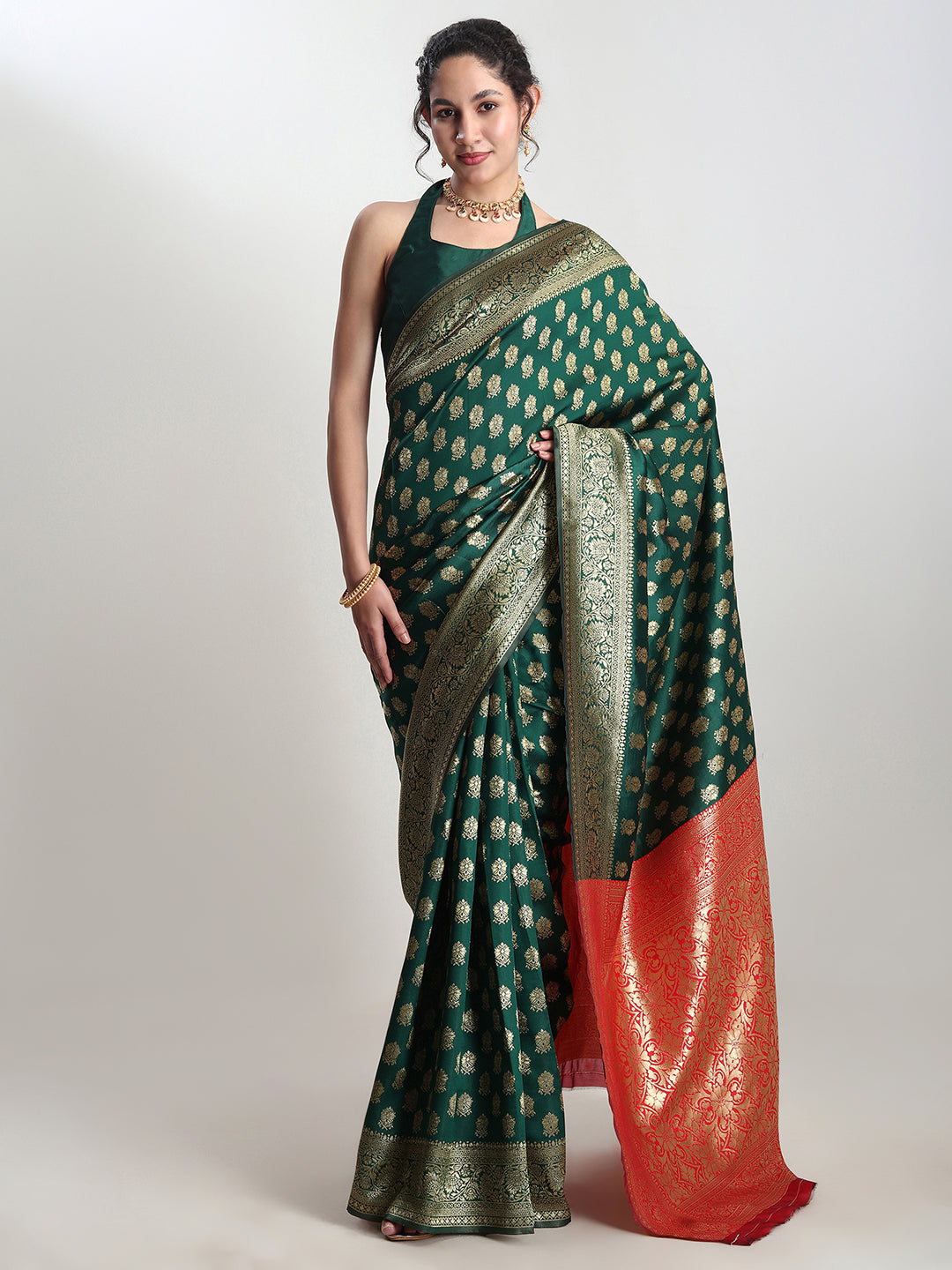 Janasya Dark Green Silk Blend Ethnic Motifs Jacquard Saree | Grocsy