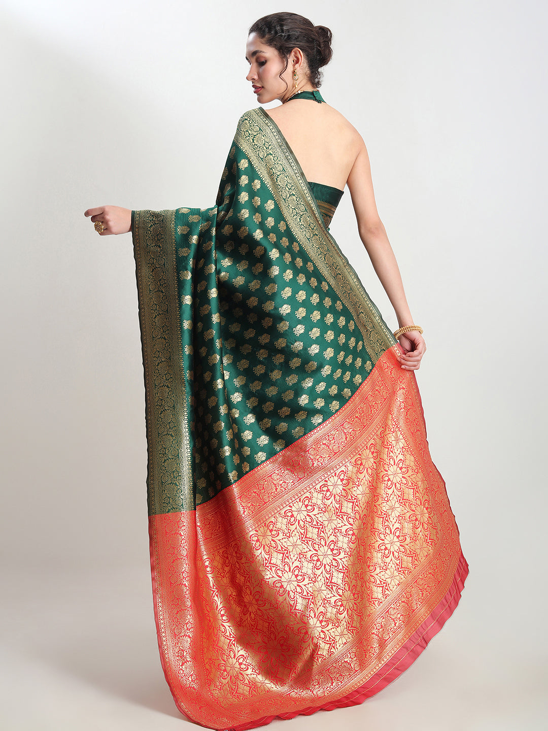 Janasya Dark Green Silk Blend Ethnic Motifs Jacquard Saree | Grocsy